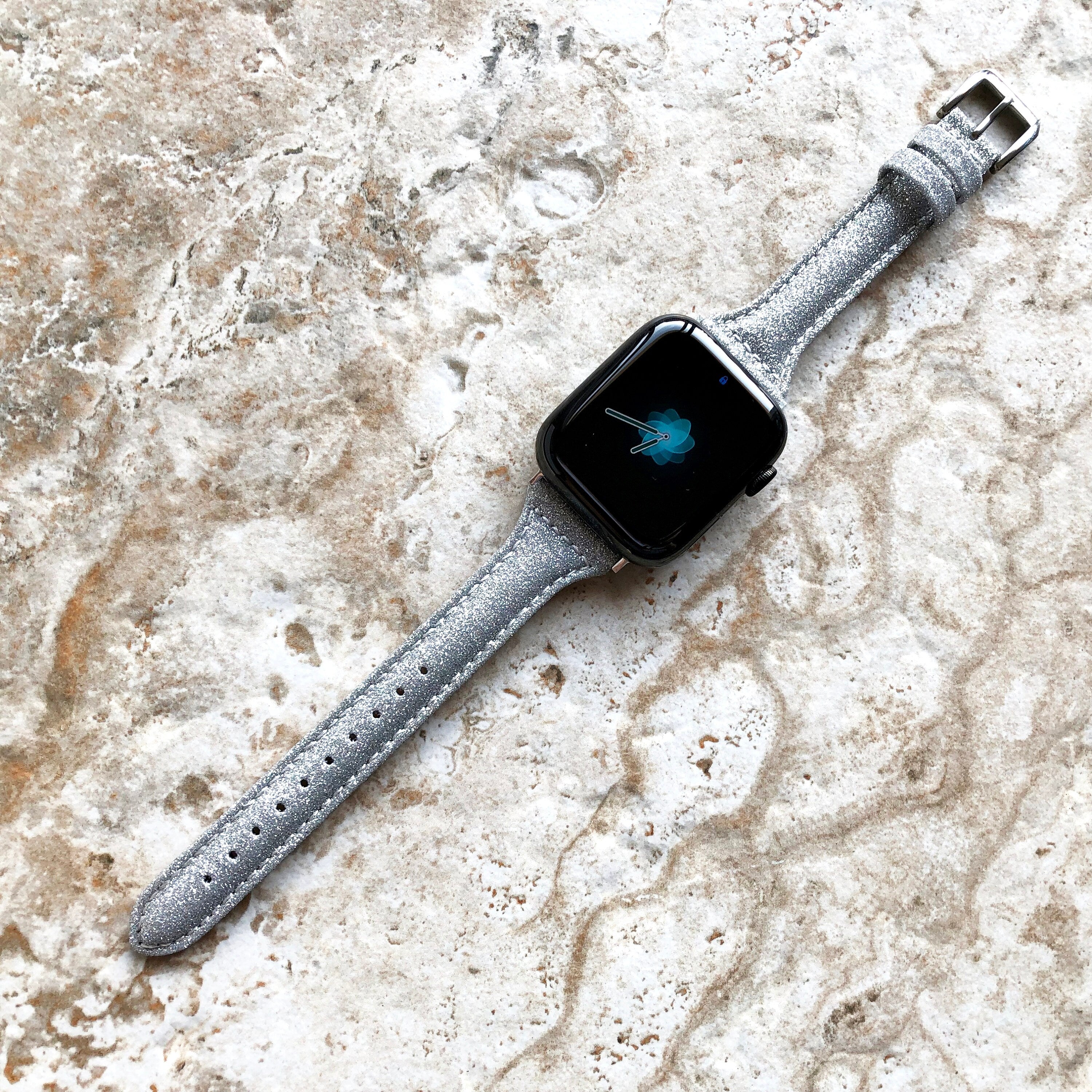 Apple Silver Sparkling Glitter Slim Elegant Soft Leather Band Straps Bracelet for iWatch All Series 38mm 40mm 41mm 42mm 44mm 45mm 49mm Case